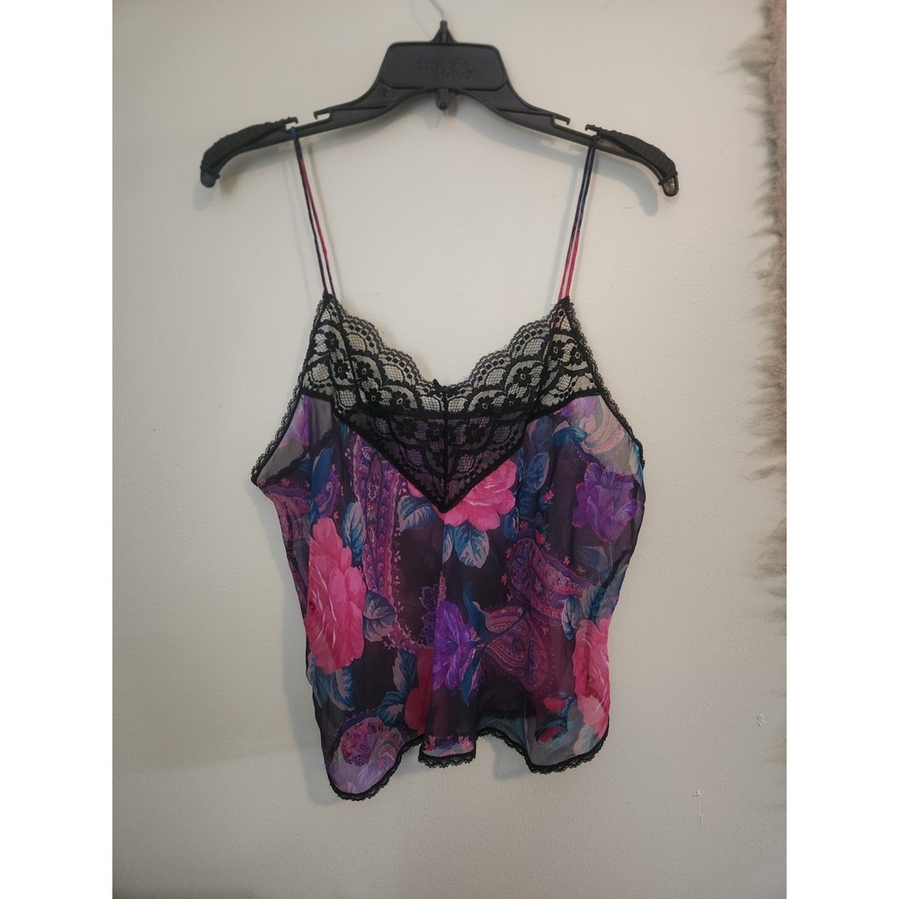 Vintage 90s Deena Black Lace Sheer Floral Tank Top Size Large USA Made Fairycore